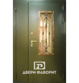двустворчатая уличная дверь с ковкой и стеклянной вставкой